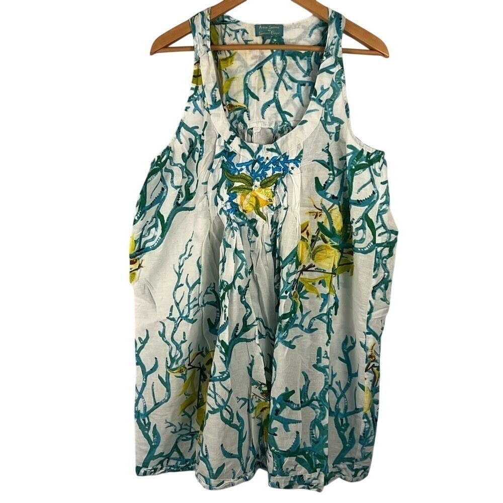 Sleeveless Printed Linen Blend Tank Top - Teal & Yellow